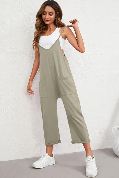 Black Pocketed Adjustable Spaghetti Strap Straight Leg Jumpsuit