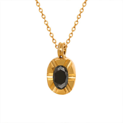 18K Gold Simple Atmospheric Oval Inlaid Zircon Carving Design Versatile Pendant Necklace