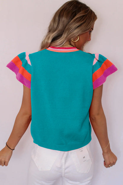 Karotten-Strick-T-Shirt mit kontrastfarbenen, gestreiften Ärmeln