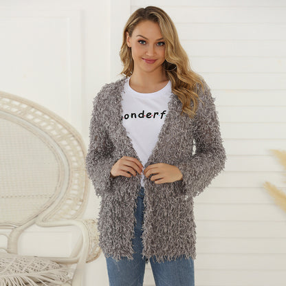 Manteau d'automne pour femme Cardigan à manches longues Manteau mi-long en peluche