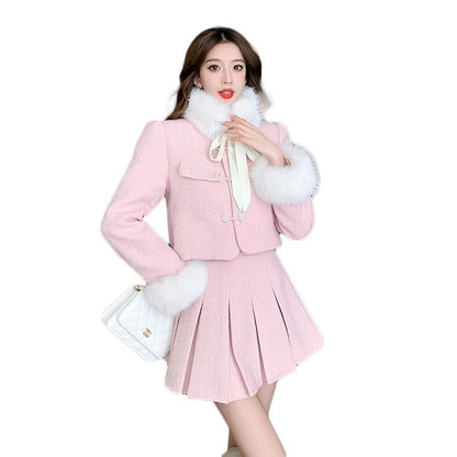 Classic Style Puffer Jacket High Waist Pleated Skirt Two-piece Set