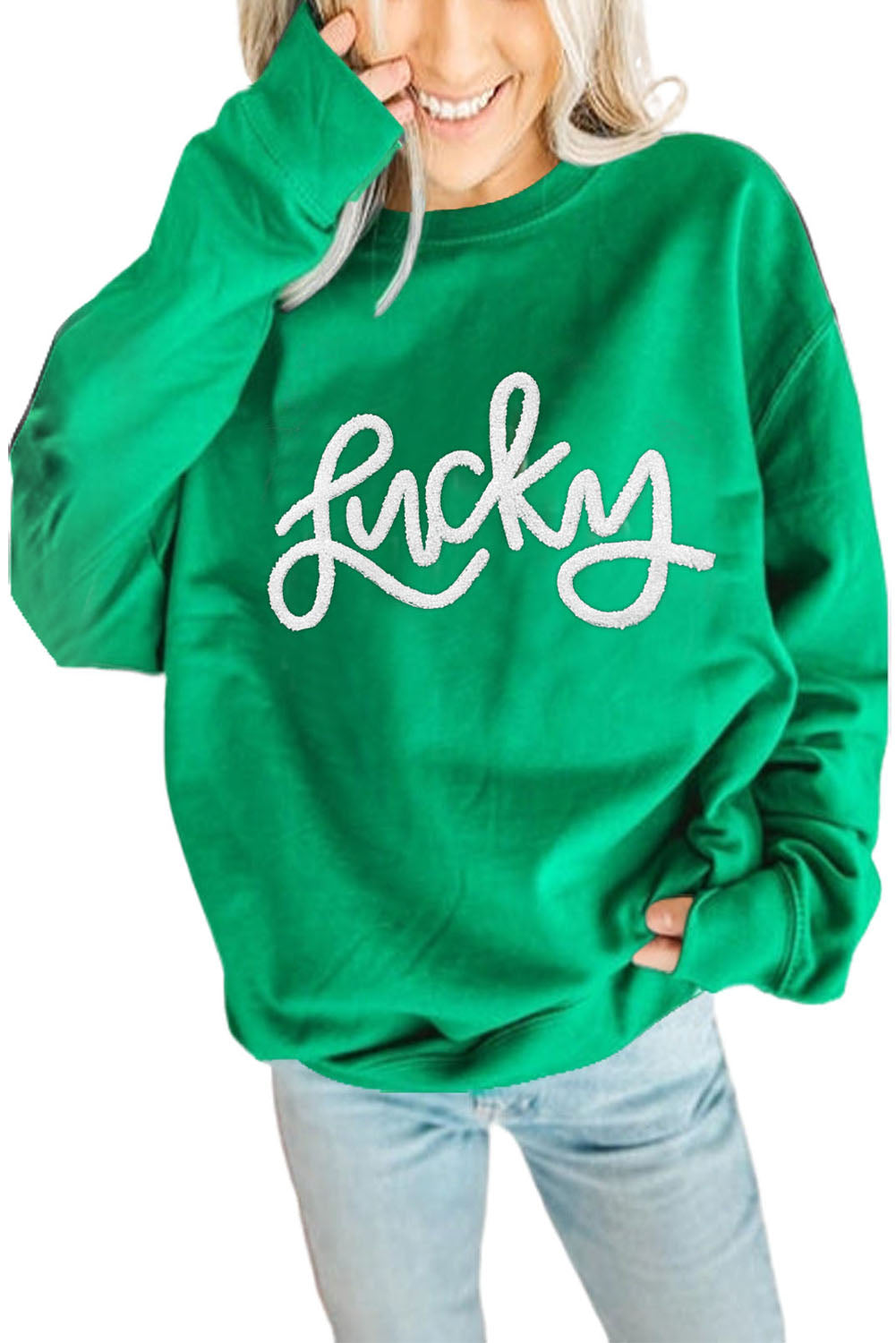 Green Lucky Letter Embroidery Print Drop Sleeve Sweatshirt