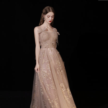 Robe de soirée à bretelles champagne pour femme