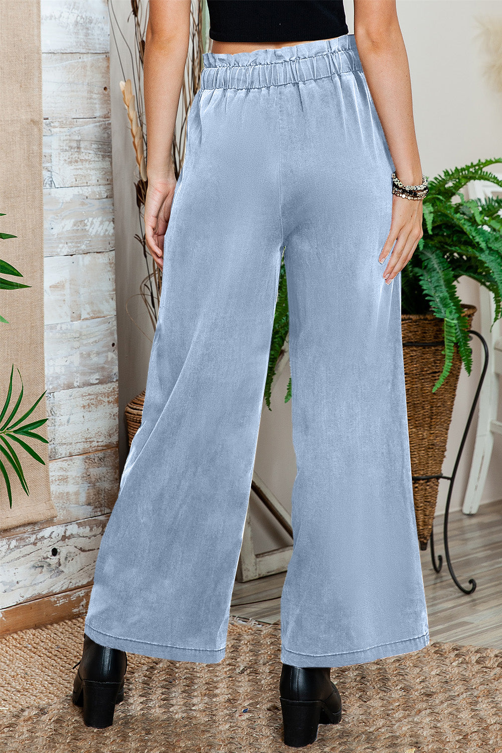 Sky Blue High Waist Pocketed Wide Leg Tencel Jeans