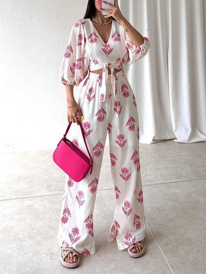 Women's Elegant V-neck Printed Puff Sleeve Top Trousers Two-piece Set