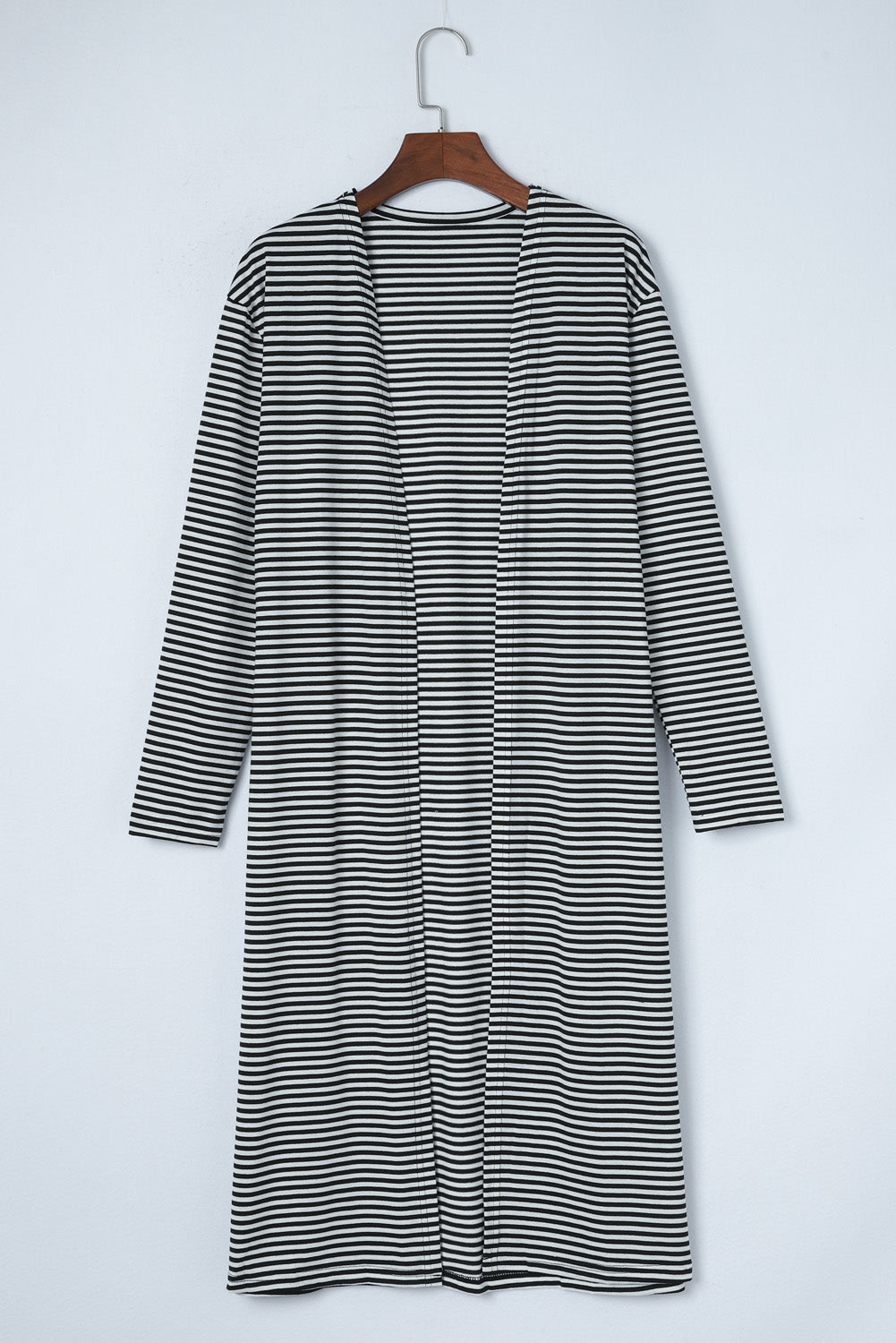 Black and White Striped Print Open Front Long Cardigan