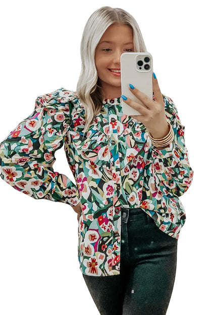 Abstract Print Boho Ruffle Button Up Blouse