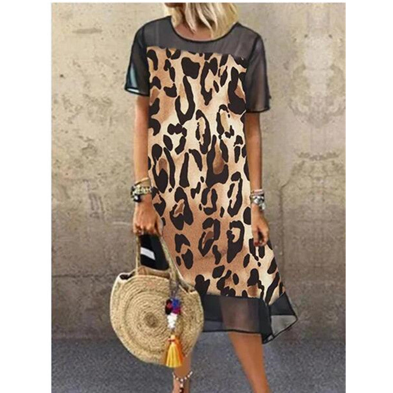 Women's Fashion Leopard Mesh Stitching Loose Plus Size Dress