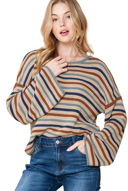 Gray Stripe Knitted Drop Sleeve Cropped Loose Sweater