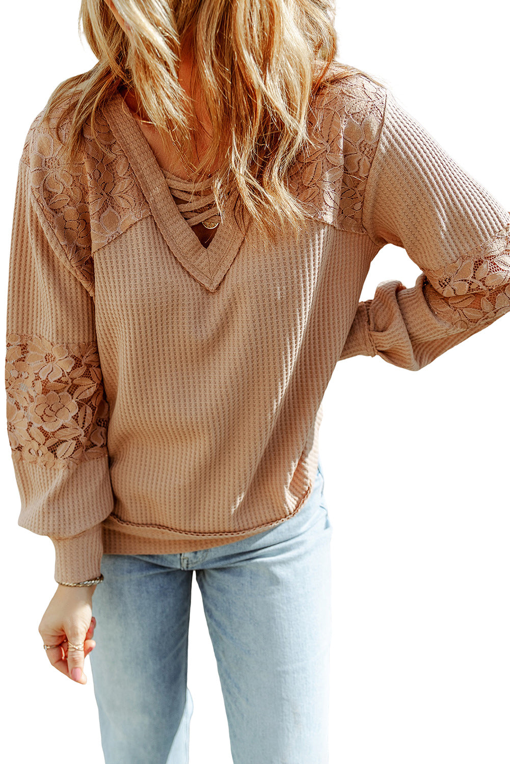 Apricot Lace Waffle Patchwork Strappy V Neck Long Sleeve Top