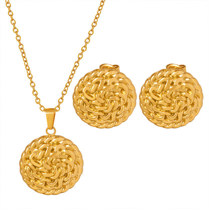 18K Gold Light Luxury Fashion Round Card Texture Design Versatile Earrings Necklace Set