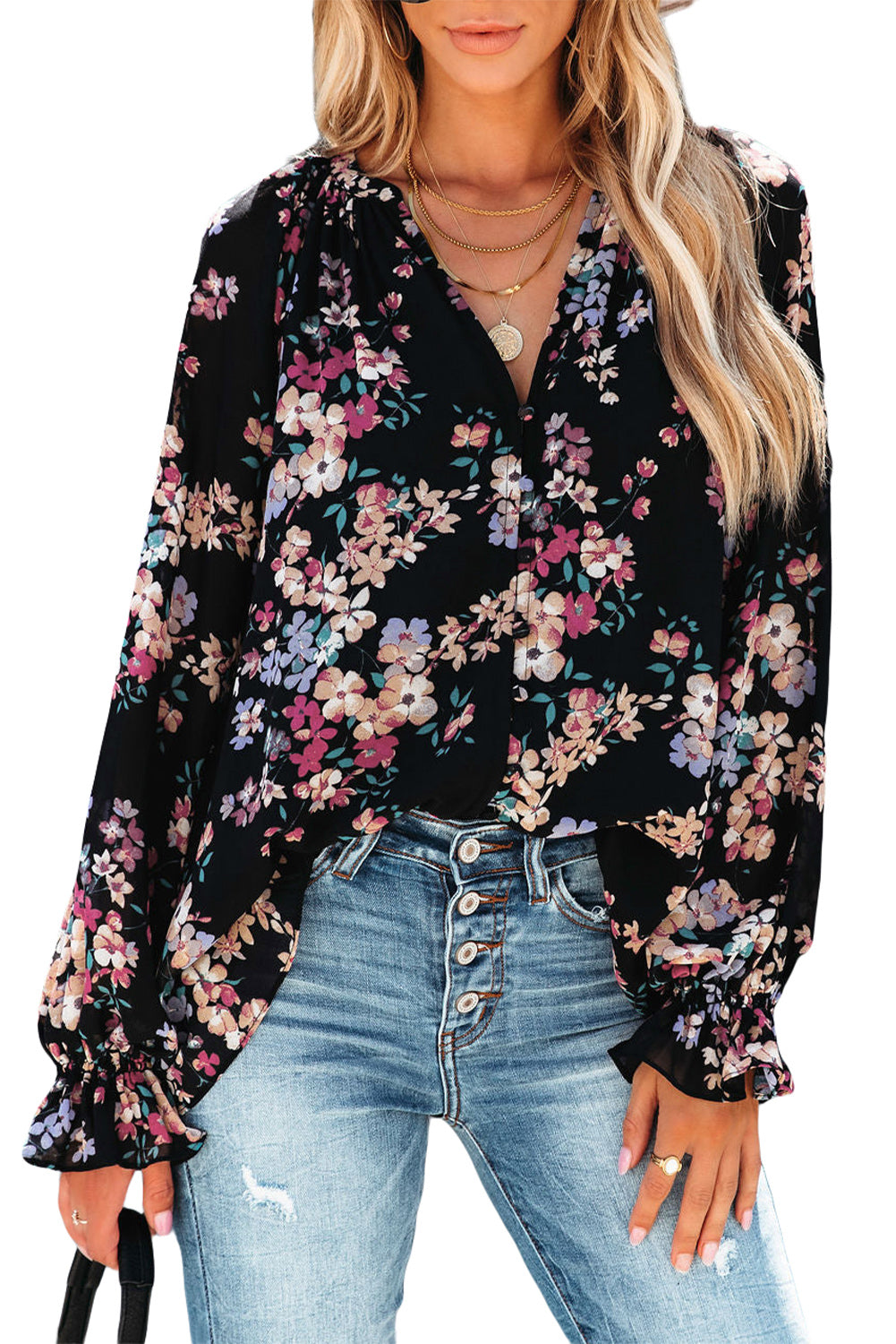 Black Wildflower Print Chiffon Blouse