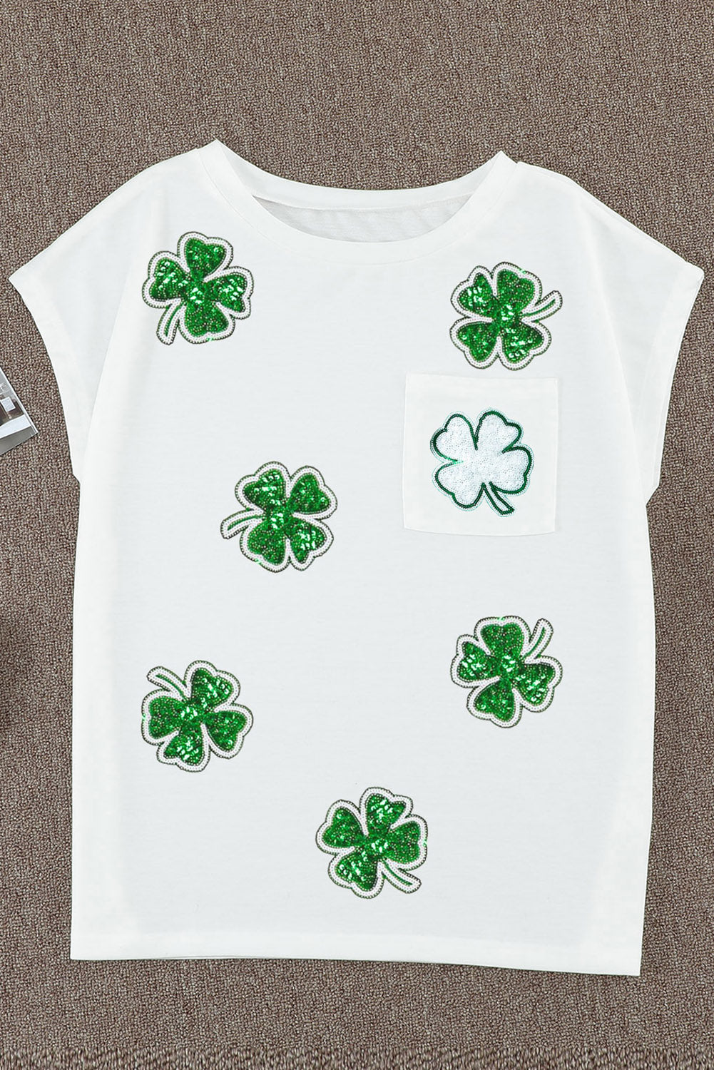 Weißes T-Shirt mit Pailletten und aufgesetzter Tasche, St. Patrick Clover, lockeres Grafik-T-Shirt