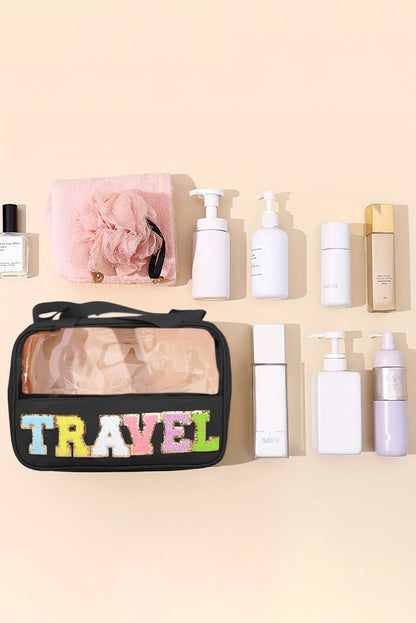 Trousse de maquillage en PVC transparent avec lettre chenille TRAVEL vert menthe