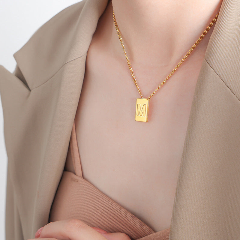 18K romantic personalized square shape necklace with 26 English letters design light luxury style