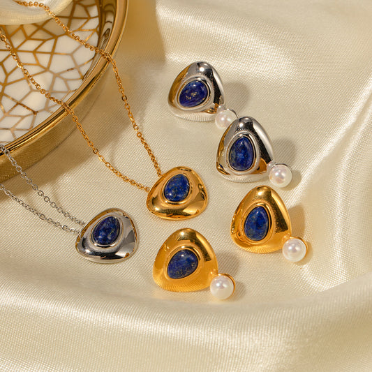 Ensemble collier et boucles d'oreilles en or 18 carats, incrusté de Lapis Lazuli avec perles, Style de luxe léger