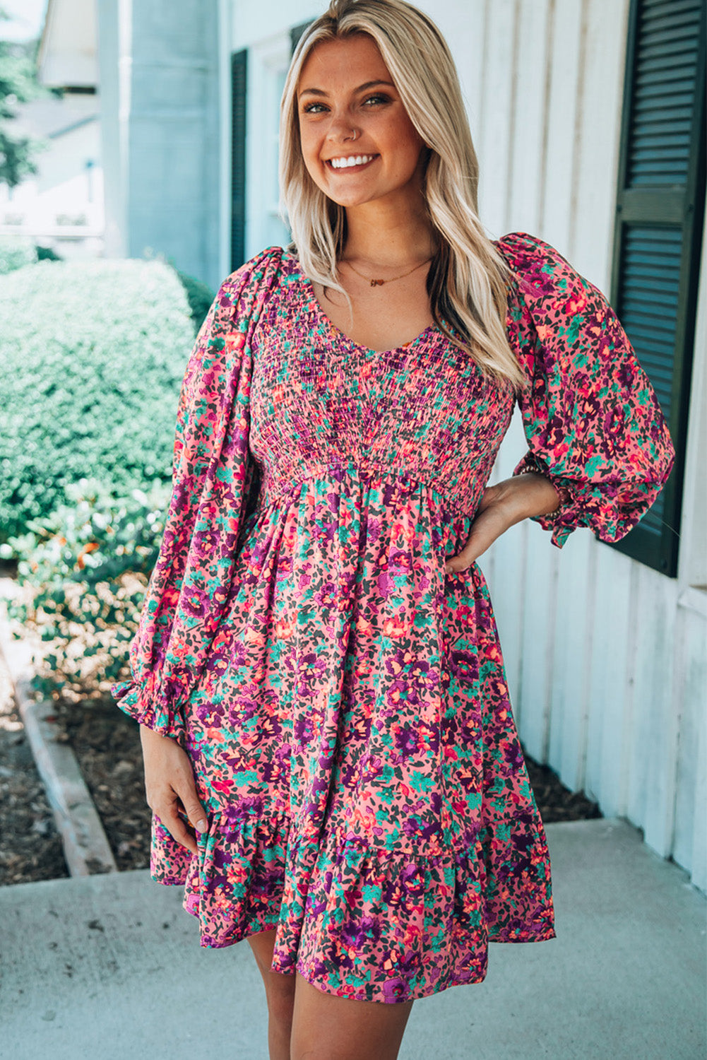 Purple Floral Print Long Sleeve Flounce Hem V Neck Smocked Dress