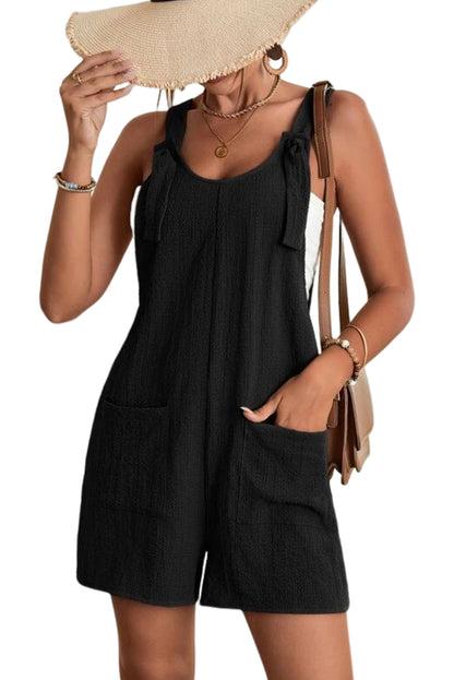 Black Shoulder Strap Pocket Textured Romper