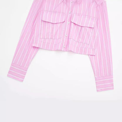 European And American Style Fashionable All-match Striped Short Style Long-sleeved Shirt