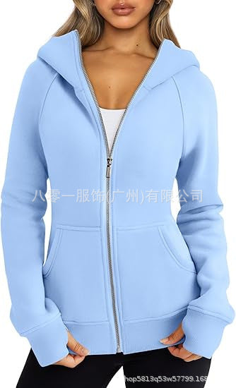 Women's Zipper Short Hood Fleece Lined Solid Color Hoodie Sweater