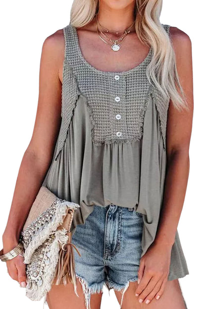 Gray Waffle Knit Panel Babydoll Sleeveless Top