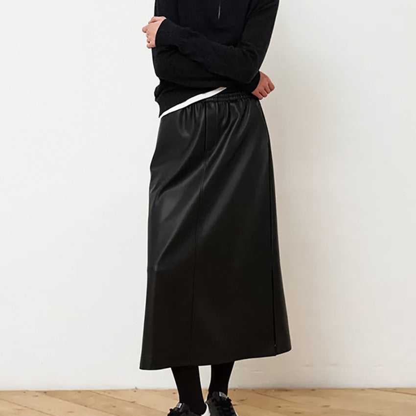 Autumn And Winter Leather Skirt Women's Elastic Waist A- Line