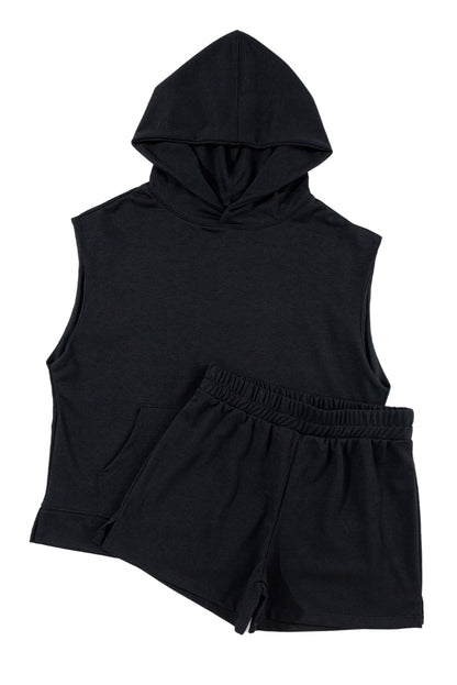 Ensemble sweat à capuche et short sans manches de couleur unie noir