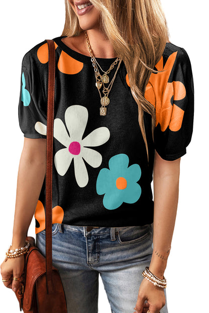 Apricot Colorful Flower Print Bubble Sleeve Tee