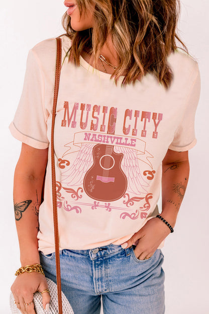 Pink Music City Guitar Casual Graphic Tee