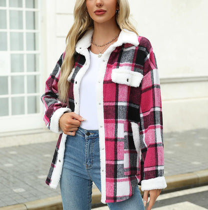 Women's Contrast Color Plaid Jacket Casual Polo Collar Velvet Jacket