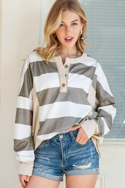 Multicolor Stripes Print Exposed Seam Long Sleeve Henley Shirt