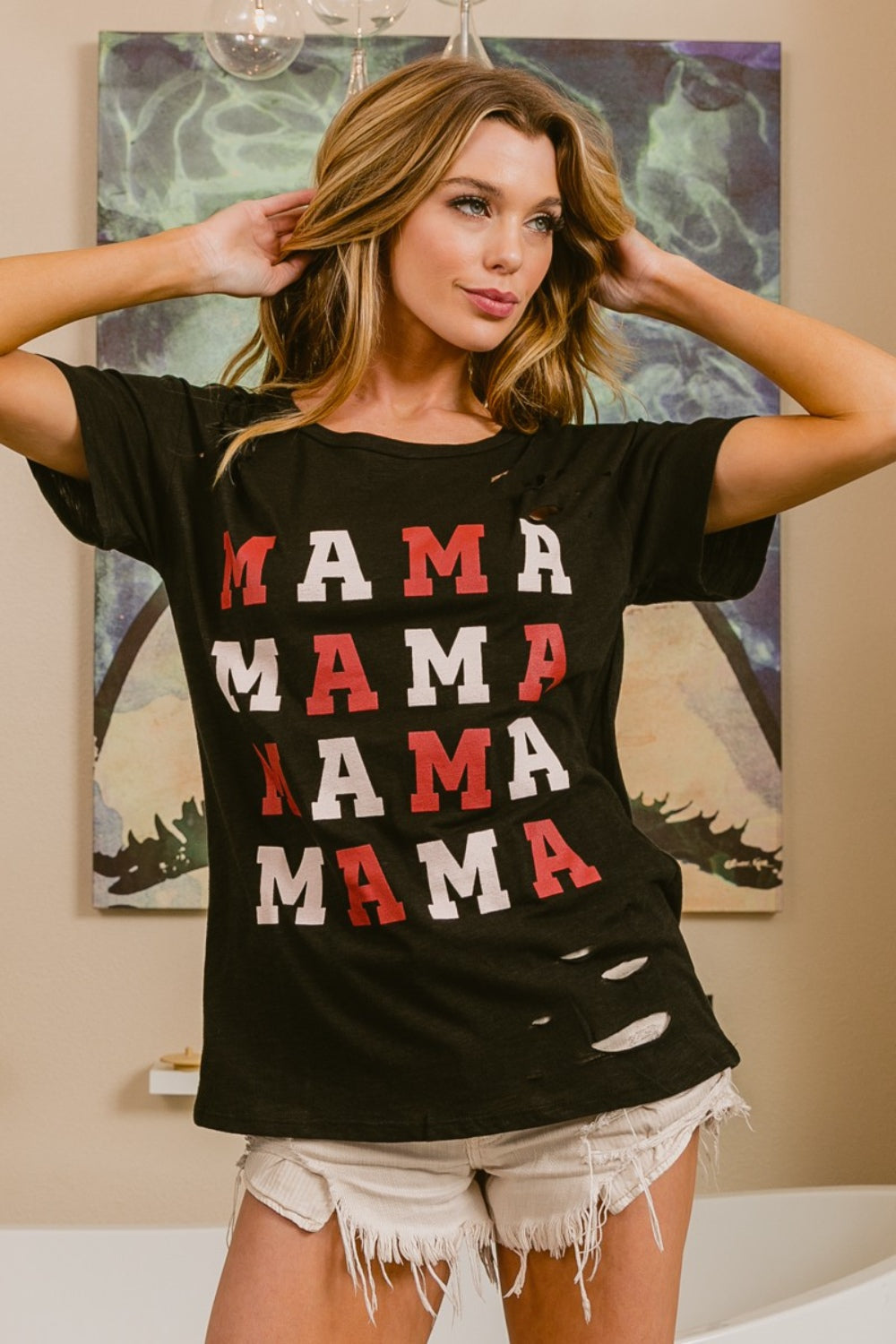 BiBi MAMA T-shirt à manches courtes en détresse graphique