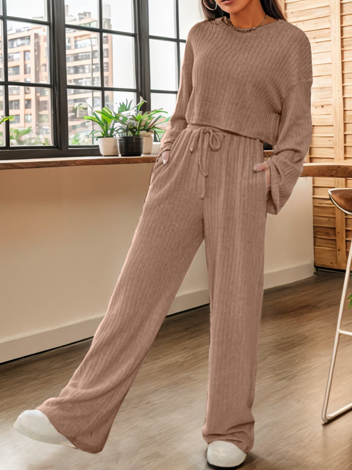 Ribbed Round Neck Top and Drawstring Pants Set