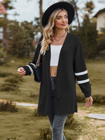 Striped Open Front Dropped Shoulder Cardigan