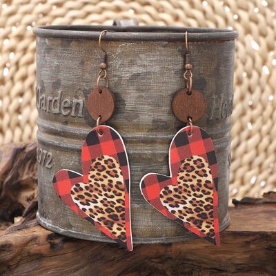Boucles d'oreilles pendantes en forme de cœur en bois et cuir PU