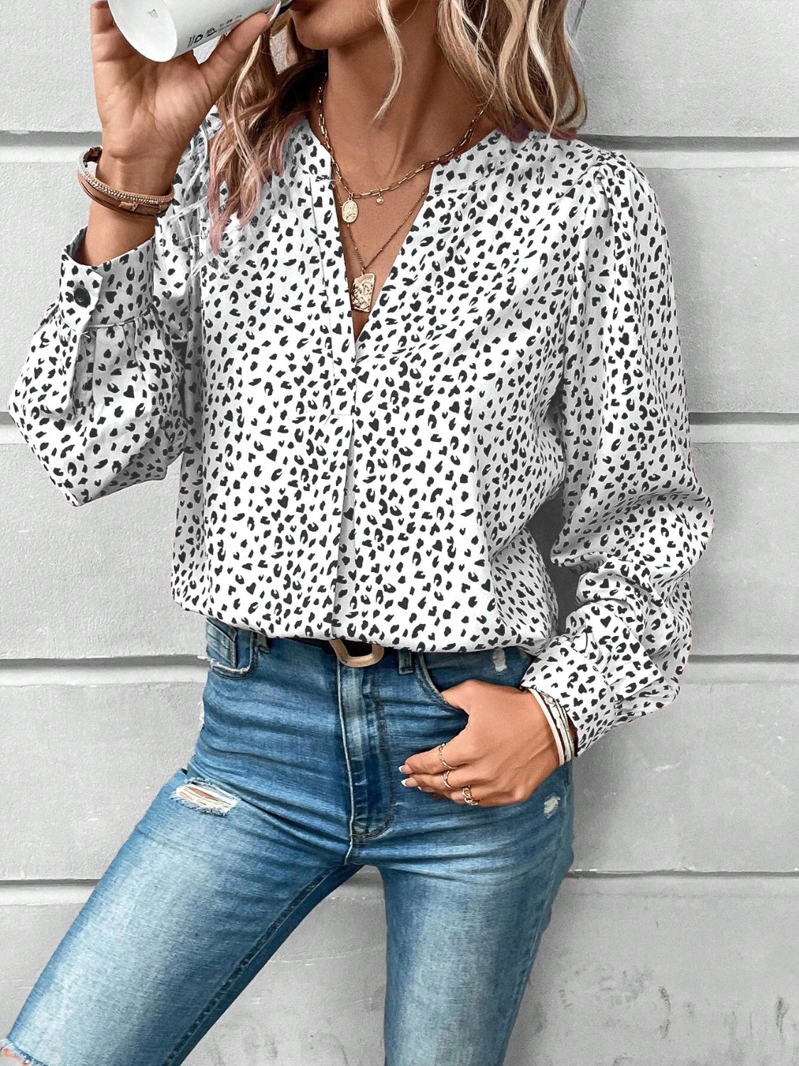 Blouse imprimée à manches longues crantée