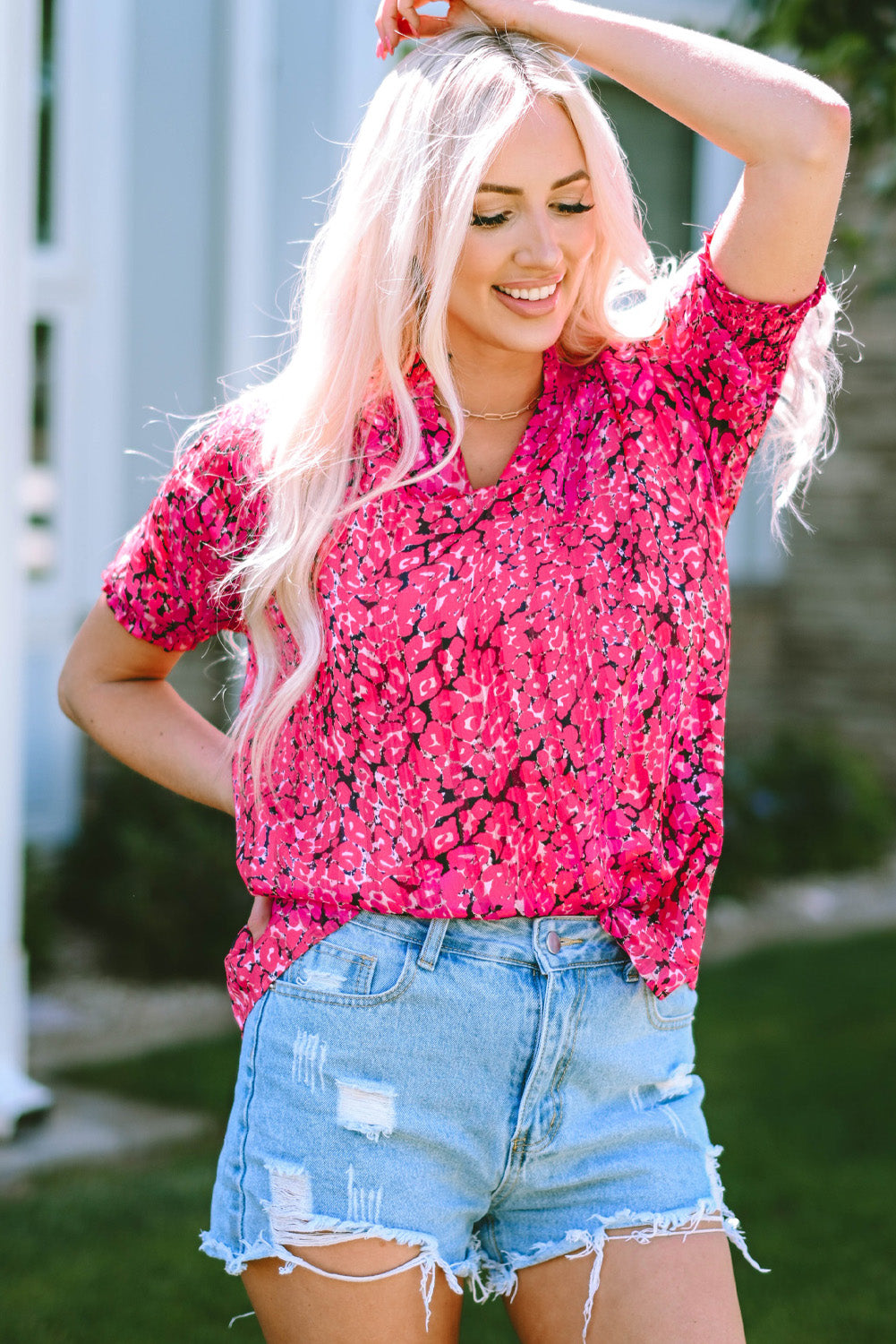 Blouse imprimée à manches courtes crantée