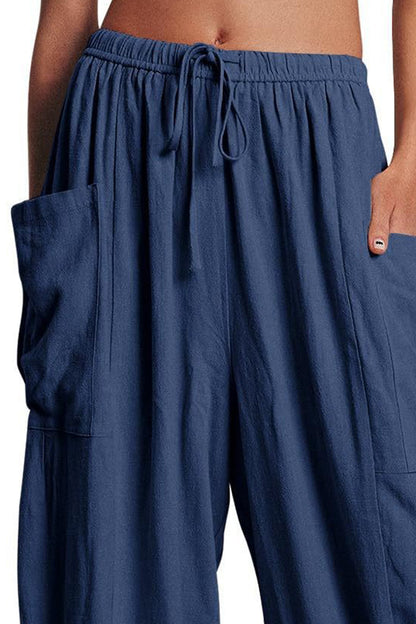 Pantalon large à poches et cordon de serrage pleine taille