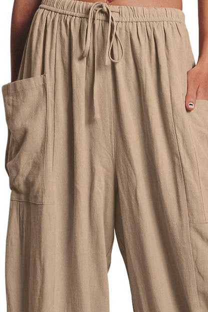 Pantalon large à poches et cordon de serrage pleine taille