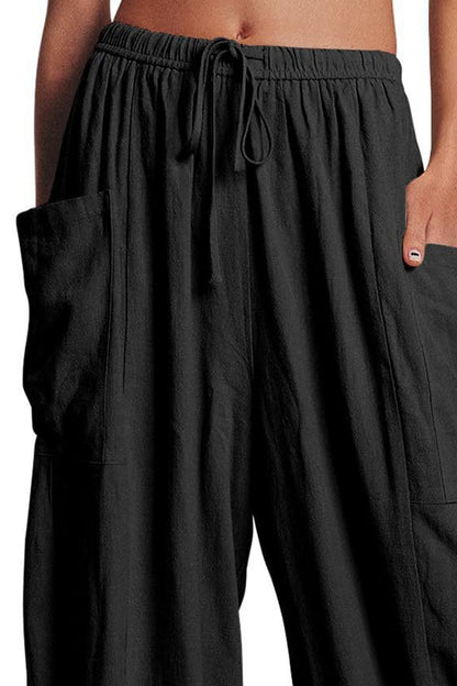 Pantalon large à poches et cordon de serrage pleine taille