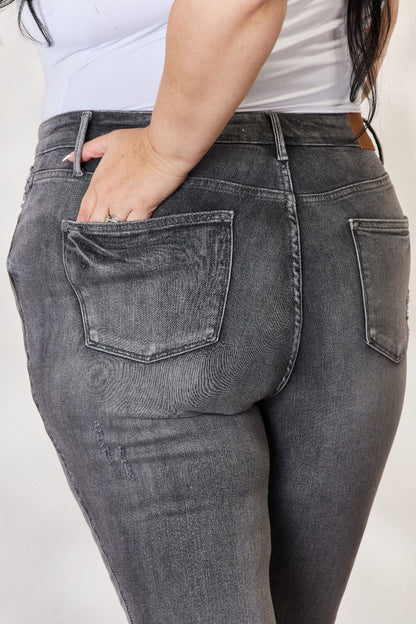 Judy Blaue Röhrenjeans in voller Größe mit hohem Bund und freiem Saum und Bauchkontrolle