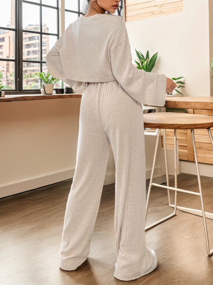 Ribbed Round Neck Top and Drawstring Pants Set