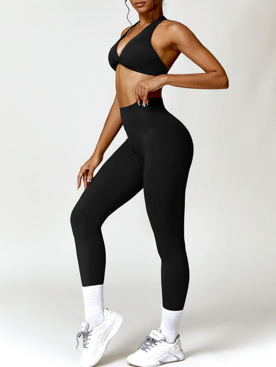 Ensemble actif soutien-gorge dos nu torsadé et leggings taille haute