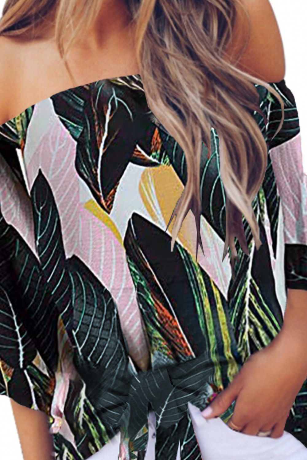 Tied Printed Off-Shoulder Half Sleeve Blouse